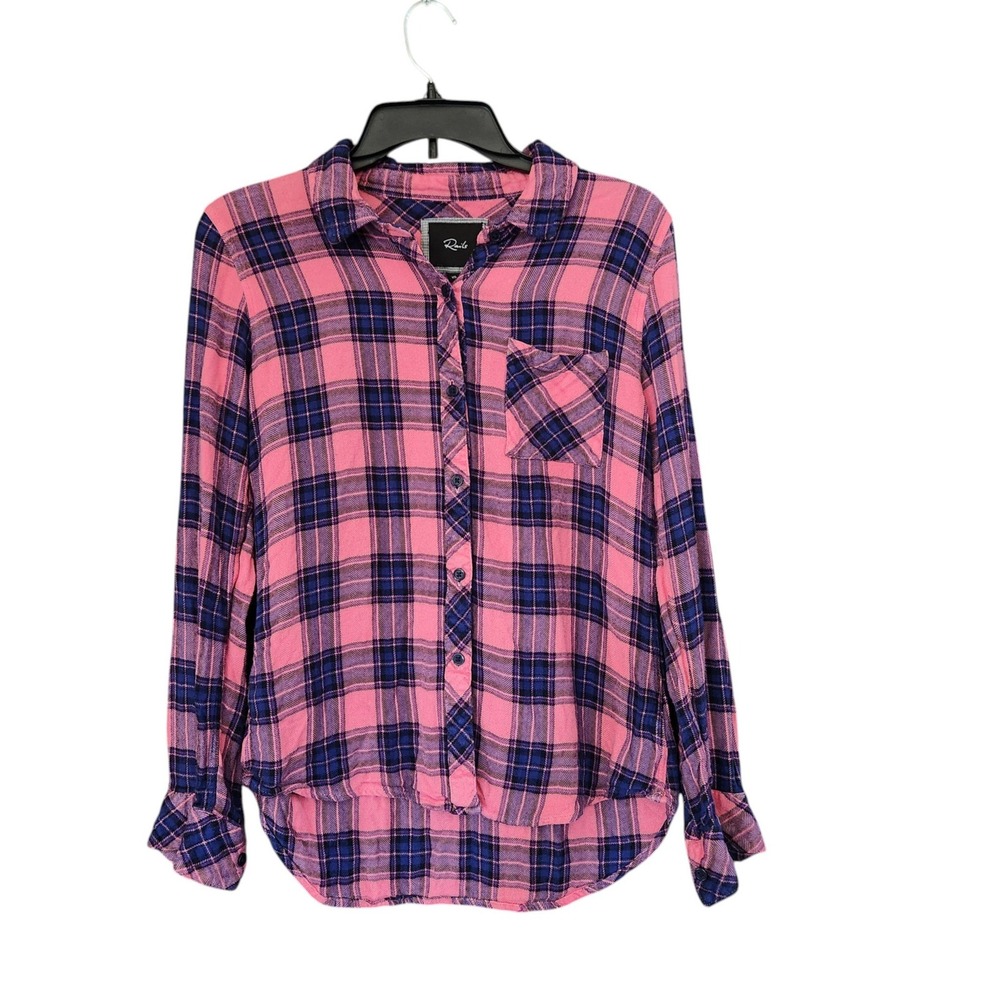 Rails Hunter Pink Navy Blue Plaid Rayon Button Down Shirt Womens XS